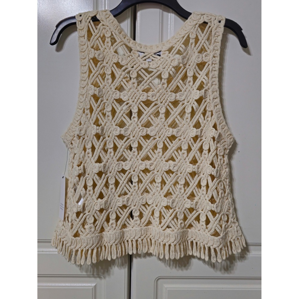 DKNY Jeans Macrame Crochet Tank Top Fringe Hem Cream Boho Size S - Picture 3 of 6